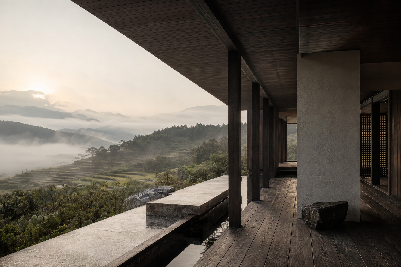 日本の山里と現代的な木造空間を望む風景